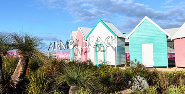 Alkimos beach shacks in pastel colours with Grasstrees in the foreground