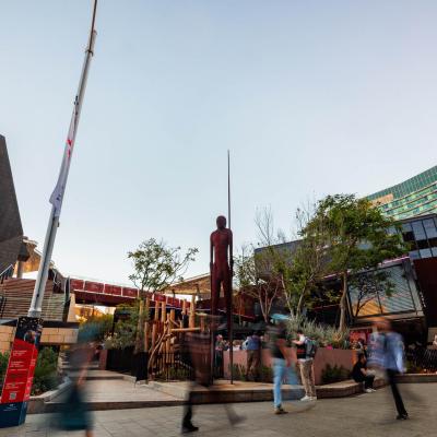 Yagan Square Wirin sculpture and people walking past